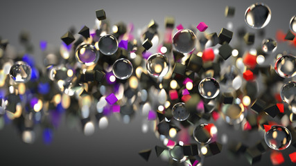 Glass spheres and colorful primitives 3D rendering illustration