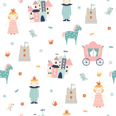 Childish seamless pattern with cute princess world. Vector hand drawn illustration. © bilaaa