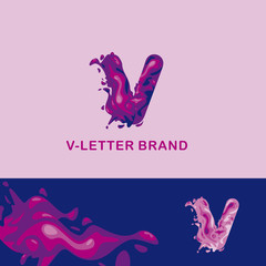 V letter is an aqua logo. Liquid volumetric letter with droplets and sprays for the corporate style of the company or brand on the letter V. Juicy, watery style.
