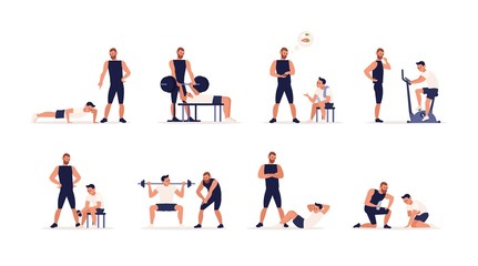 Personal couch or fitness trainer helps man during strength, power or cardio training, weight lifting, gym workout, sports exercise, gives advice on nutrition. Flat cartoon set. Vector illustration. - obrazy, fototapety, plakaty