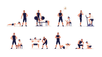 Gardinen Personal couch or fitness trainer helps man during strength, power or cardio training, weight lifting, gym workout, sports exercise, gives advice on nutrition. Flat cartoon set. Vector illustration. © Good Studio