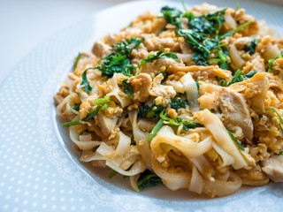 Chanthaburi, Chan noodles, stir fried narrow rice noodles with chicken and sauce, Thai food, Thai noodles.