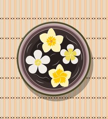bowl with four frangipani, Plumeria flower floating in water for Spa salon. Vector illustration in flat style