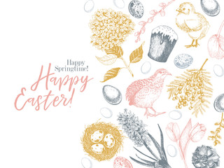 Easter greeting card. Hand drawn vector banner. Eggs, nest, cake, willow branch, quail, hydrangea, tulip, mimosa, hyacynth. Vintage engraved spring holiday decoration. Traditional retro icon set.