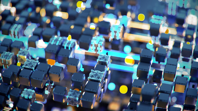 Blue and orange cubes and glowing streams 3D rendering illustration