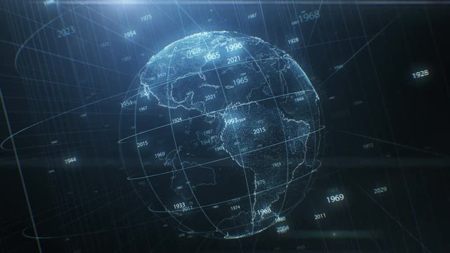 Earth Hologram Spinning Seamless with Years Numbers Flying Around. Abstract Beautiful Looped 3d Animation of Cyberspace Planet. Futuristic Business and Technology Concept 4k Ultra HD 3840x2160