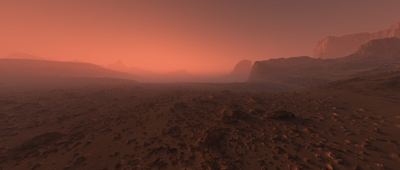 Bare rough rocky mars terrain in fog.