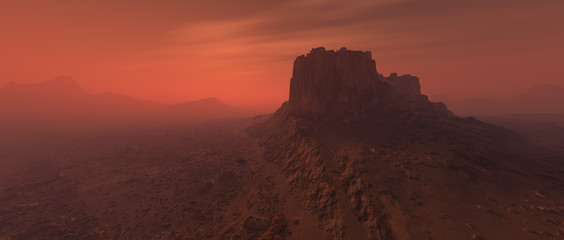 Bare rough rocky mars terrain in fog.
