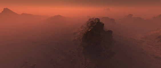 Big rock in bare rough rocky mars terrain in mist.