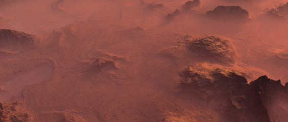 Aerial of rocky mars terrain in mist.
