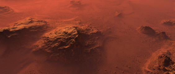 Aerial of rocky mars terrain in mist.
