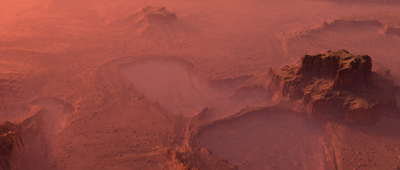 Aerial of rocky mars terrain in mist.