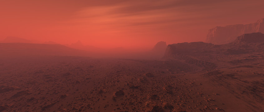 Bare Rough Rocky Mars Terrain In Fog.