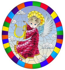 Illustration in stained glass style with cartoon in pink dress angel playing the harp against the cloudy sky, round image in bright frame