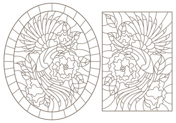 Set of contour illustrations of stained glass Windows with birds and flowers, dark contours on a white background, rectangular and oval images