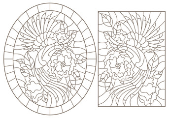 Obraz premium Set of contour illustrations of stained glass Windows with birds and flowers, dark contours on a white background, rectangular and oval images