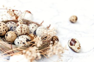 Easter decoration with egg in nest and cotton on white marble background. Easter concept. Flat lay top view copy space. Spring greeting card