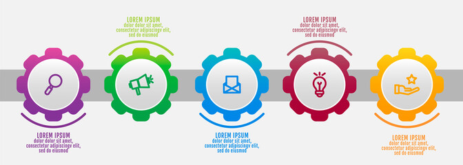 Modern vector 3D illustration. Infographic gears template with five elements, icons. Designed for business, presentations, web design, interface, workflow layout, diagrams with 5 steps