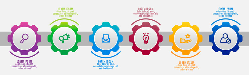 Modern vector 3D illustration. Infographic gears template with six elements, icons. Designed for business, presentations, web design, interface, workflow layout, diagrams with 6 steps