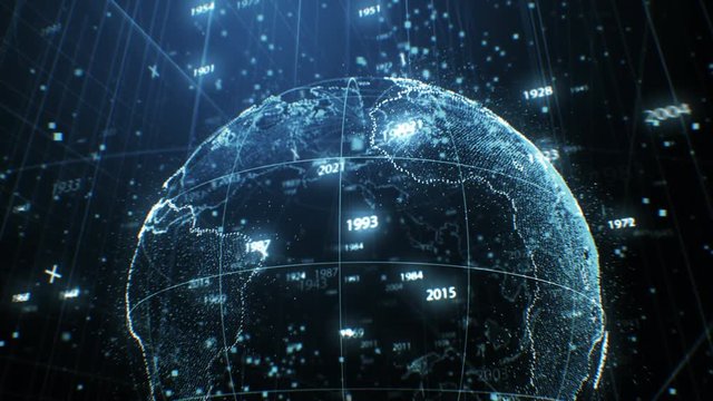 Flying Around Planet Earth Hologram Made of Dots Rotation in Cyberspace with Years Numbers and Network Grid. 3d Animation Futuristic Business and Technology Concept 4k Ultra HD 3840x2160