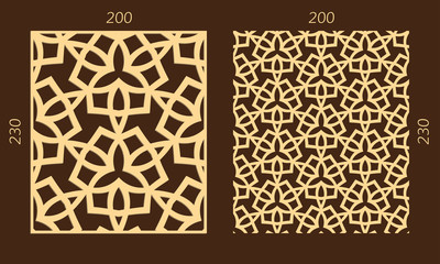 Laser cutting set. Woodcut vector trellis panel. Plywood lasercut eastern design. Hexagonal seamless pattern for printing, engraving, paper cutting. Stencil lattice ornament.