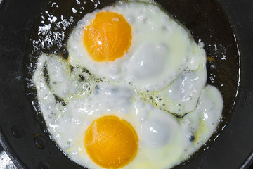 eggs are fried in a frying pan