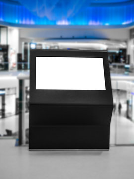 Digital media blank black and white screen modern panel, signboard for advertisement design in a shopping center, gallery. Mockup, mock-up, mock up with blurred background, digital kiosk.