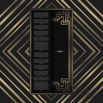 Vector card. Art Deco style. Dark golden geometric frame on black background. Luxury menu concept. Opera ticket. Art Deco lines with space for text.