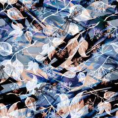 Seamless watercolor vintage pattern - branch of a linden, flower.splash of abstract paint, fashionable art background, shawl. Linden tree, linden flowers, leaves. Abstract splash watercolor paint