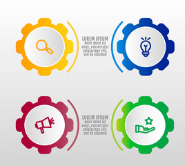 Modern vector 3D illustration. Infographic gears template with four elements, icons. Designed for business, presentations, web design, interface, workflow layout, diagrams with 4 steps