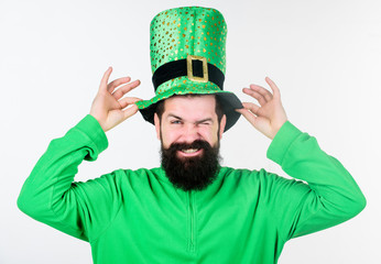 Green color part of celebration. Myth of leprechaun. Happy patricks day. Man bearded hipster wear...