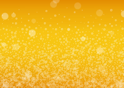 Beer foam. Craft lager splash. Oktoberfest background. Cold pint of ale with realistic white bubbles. Cool liquid drink for pab flyer layout. Golden jug with beer foam.