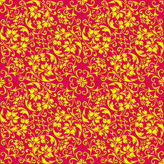 Yellow monogram floral ornament on red. Design for backgrounds, wallpapers, covers and packaging