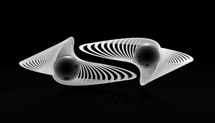 black spheres, black pearls in silver shells on black background, 3d rendering for banner, poster or web site design. 