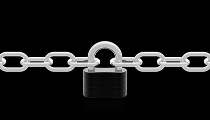 Obraz premium The realistic grey metal chain and black padlock on black background. Protect your account, phone protection