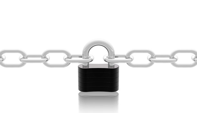 The realistic grey metal chain and black padlock on white background. Protect your account, phone protection