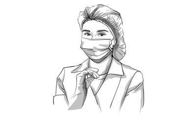 Woman doctor in a mask Vector sketch storyboard. Detailed character illustrations