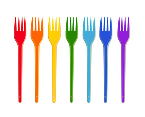 Multicolored Isolated Disposable Forks On White. Rainbow colors: red, orange, yellow, green, blue, blue, purple