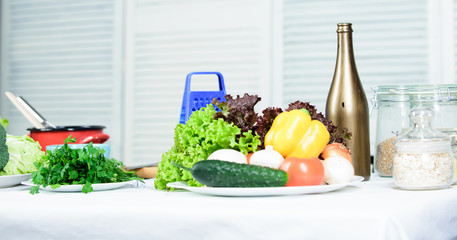 Vegetarian concept. Salad with fresh summer vegetables. Dieting and organic food. Preparation and...