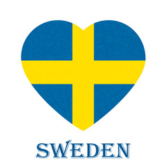 Sweden flag in heart shape, Scandinavian country. Isolated Swedish banner with scratched texture, grunge. Flat style, vector with noise, marble textured background. Square orientation.