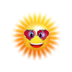 Cartoon sun smiling with trend sunglasses in the shape of a heart. Emoticon smiling. Vector 3d illustration