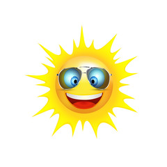 Cartoon sun smiling with trend sunglasses. Emoticon smiling. Vector 3d illustration
