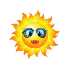 Emoticon smiling girl. Cartoon sun smiling with trend sunglasses. Vector 3d illustration