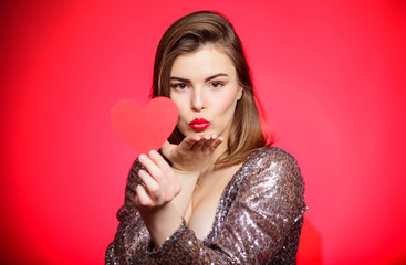 Obraz na płótnie Canvas Air kiss. Love you so much. Woman attractive kiss face send love to you. Valentines day and romantic mood. Tender kiss from lovely girl with makeup red lips. Spread romantic mood around. Sweet kiss