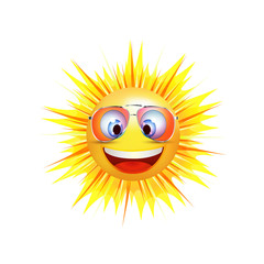 Emoticon smiling. Cartoon sun smiling with trend sunglasses. Vector 3d illustration