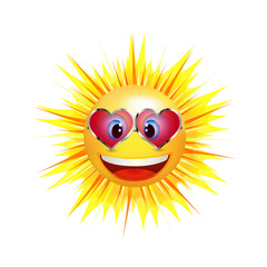 Smiling cartoon sun with sunglasses in the shape of a heart. Emoticon smiling. Vector 3d illustration