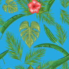 Exotic abstract vector jungle or tropical leaf and flower seamless pattern. Vector illustration. Green leaf and blue background.
