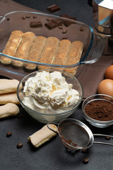 Ingredients for making traditional italian cake tiramisu on concrete table