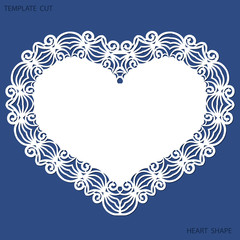 Greeting card with openwork border, paper doily under the cake, template for cutting in the form of heart, valentine card,  wedding invitation, decorative plate is laser cut,  vector illustrations.