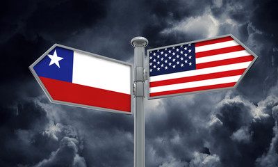 Chile and America flag moving in different direction. 3D Rendering